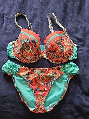 Blush Coral Floral Bikini Set with Teal Lining